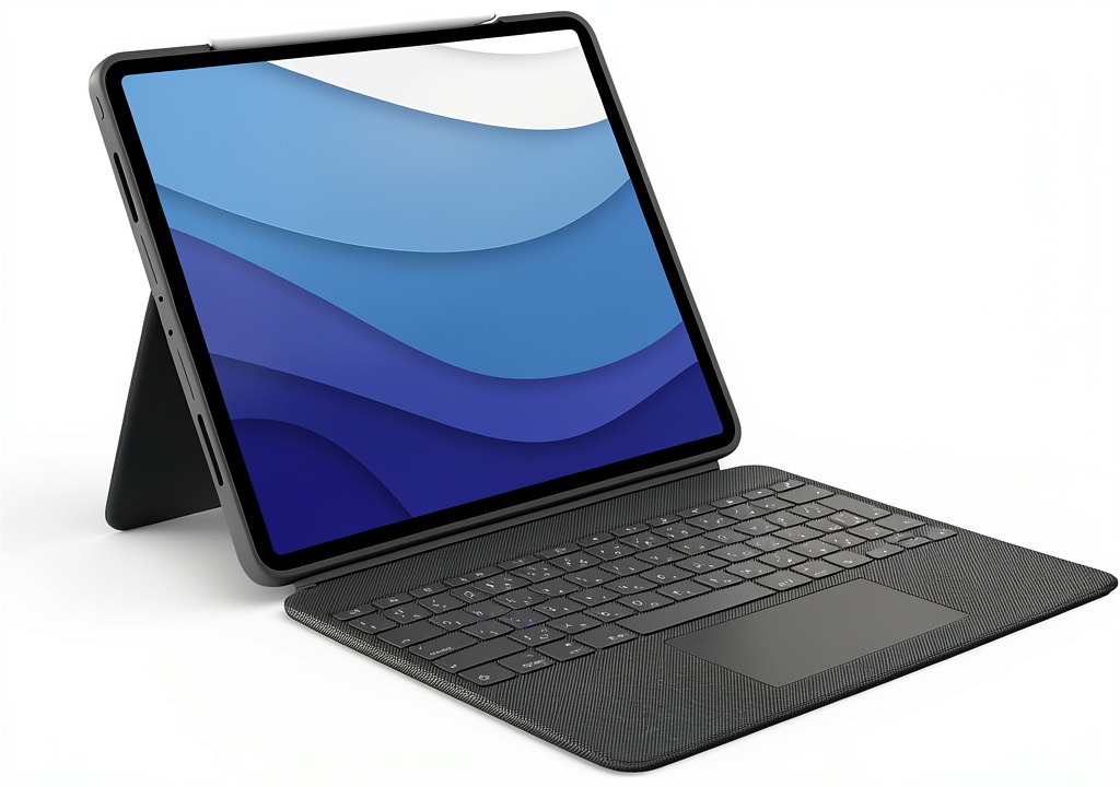 Installing Logitech Combo Touch iPad Pro keyboard case on a wooden desk